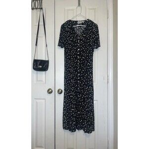 Vintage Late-80s Size 6 Caroline Wells Button Up Maxi Dress Black Floral Rayon